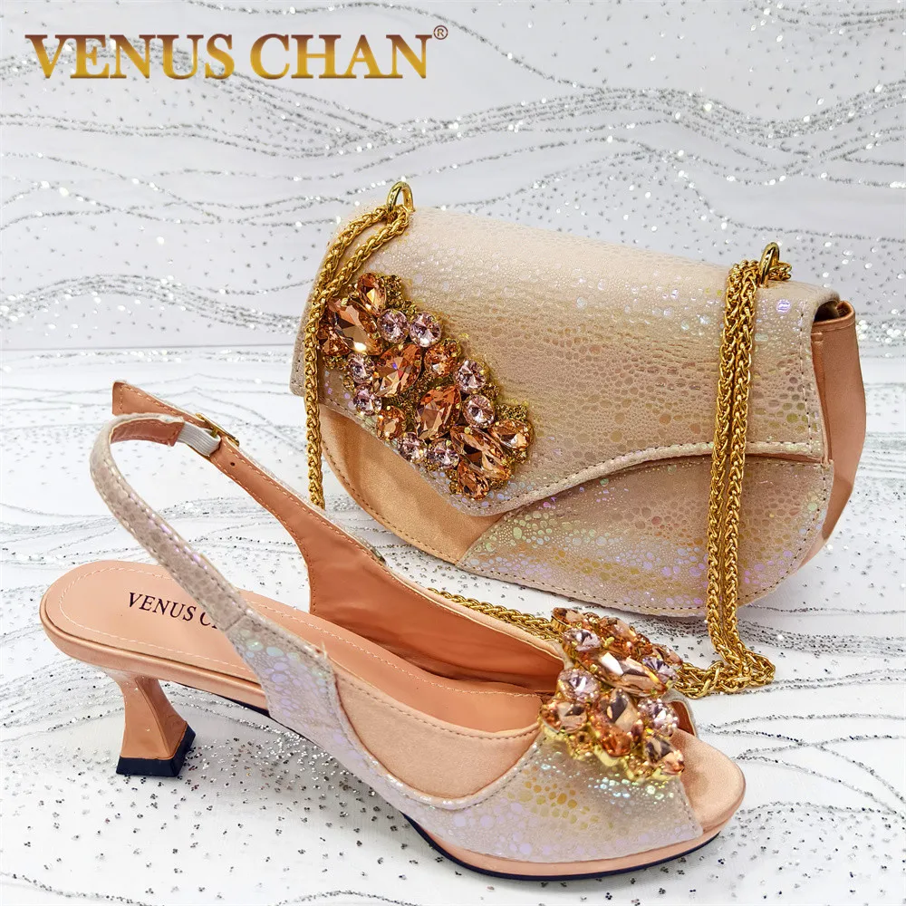 

Venus Chan Stylish Italian Design Women's Matching Shoe and Bag Set - Low Heel for Weddings and Parties, Plus Size Available