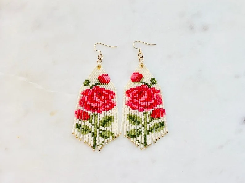 ZGMXR Rice bead earrings Original Flower Pattern Bohemia Gradient color Hand-woven Alloy Simple Fashion  Tassel Beaded earrings