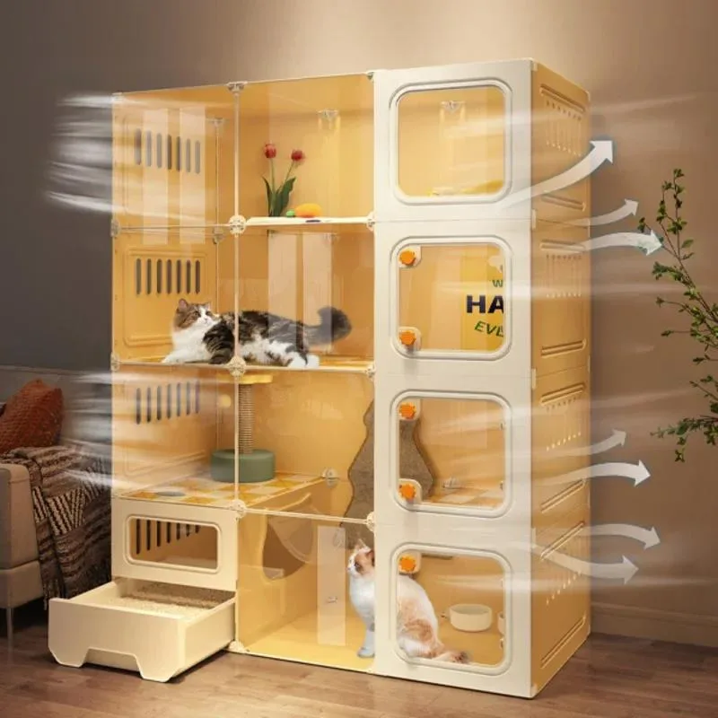 Multifunctional Extra Large Transparent Cat Villa Cabinet, Indoor & Outdoor Cat Cage With Integrated Toilet Litter
