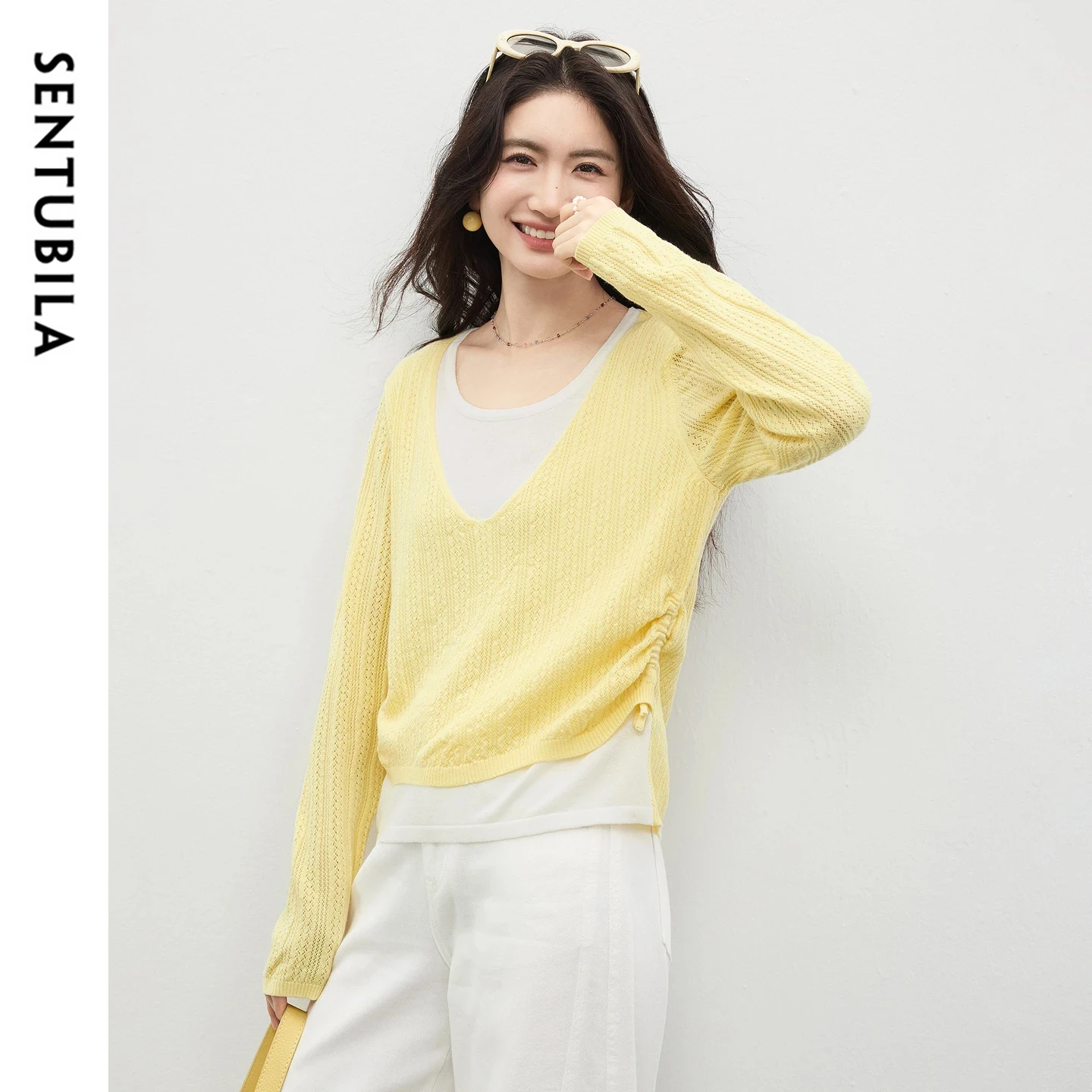 

SENTUBILA Women's Knitwear 2026 Spring Double Layered Neck Wool Blend Fake Two Piece Sweater Elegant Office Lady Tops W61HD5957