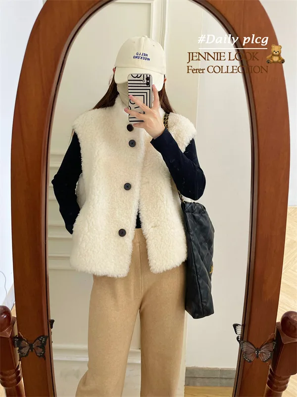 

Women's Autumn Winter Stand Collar Wool Vest Outwear Lady Elegant Single Breasted Loose Vest Outwear Top