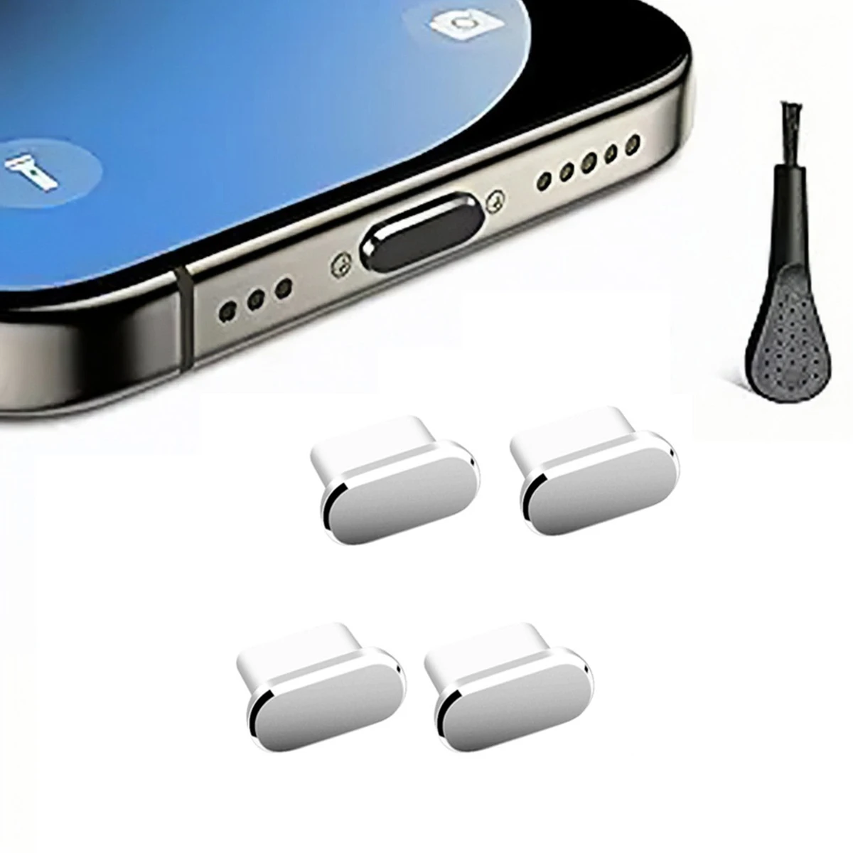 

4Pcs Metal Type C Dust Plug with Cleaning Brush Anti Dust Plug Cover Charging Port Protectors Compatible with All USB C Devices