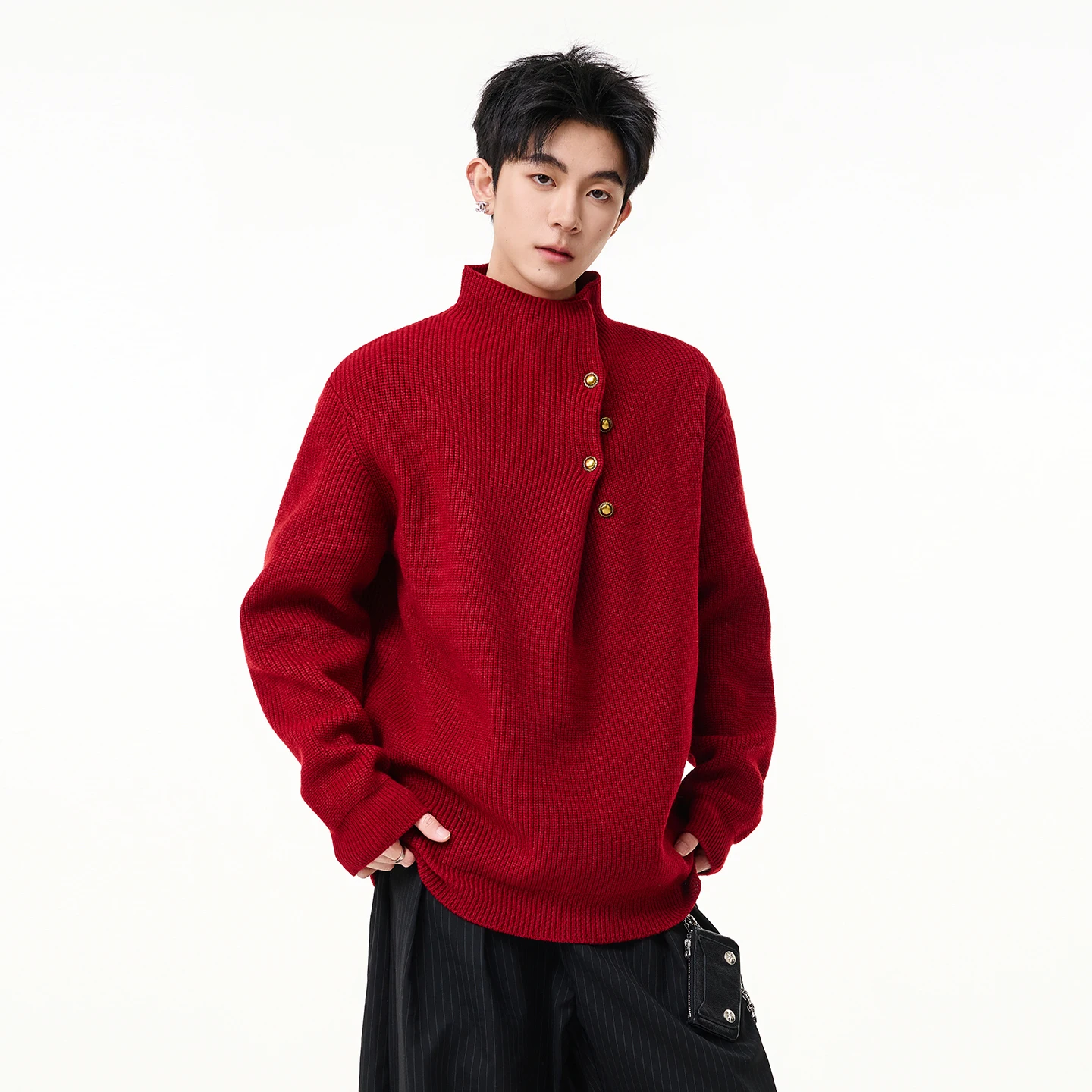 Autumn Winter New Men's Button Design Half High Collar Black Red Knitted Sweater Men's Loose Casual Light Gray White Sweater