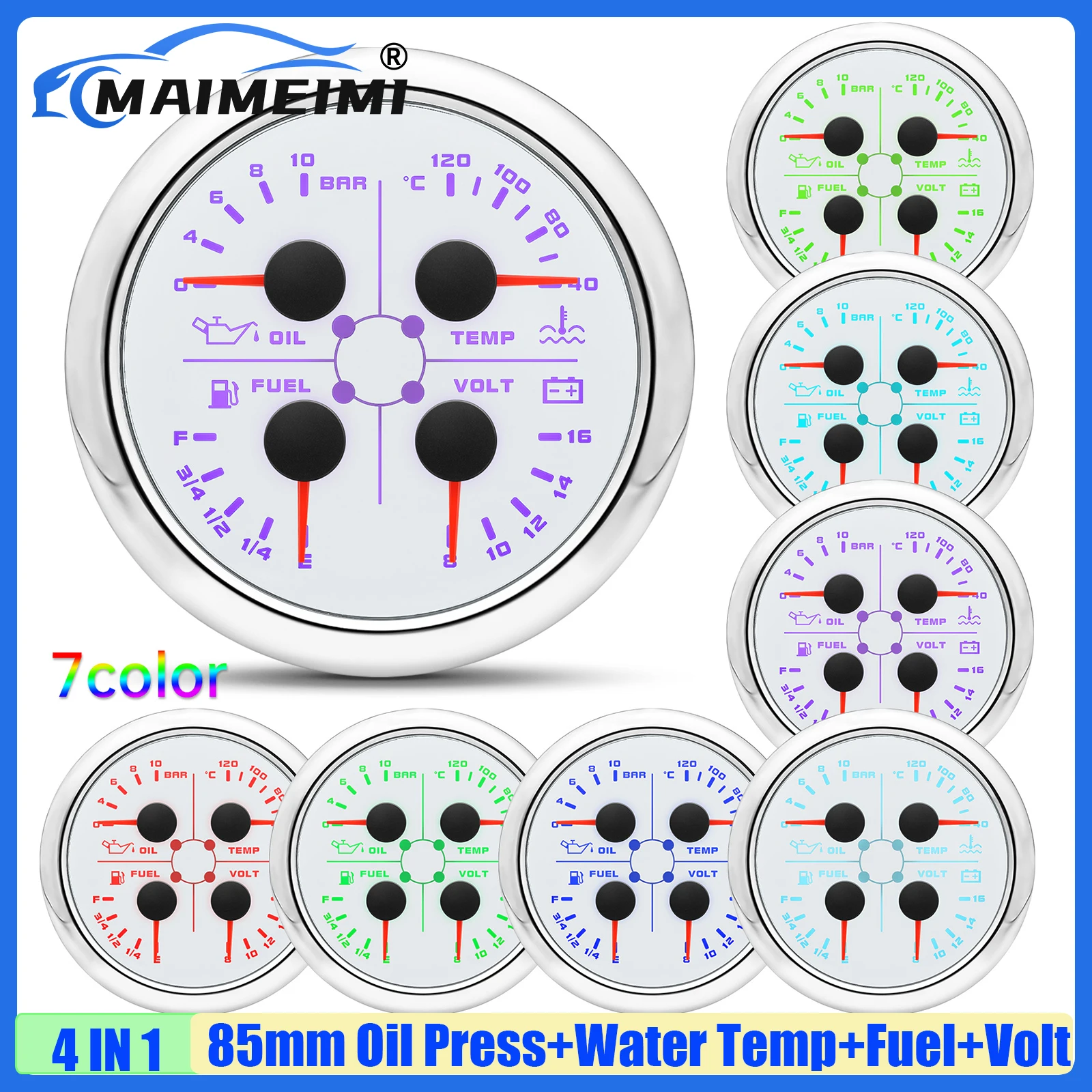 

MAIMEIMI 7-цветный светодиодный многофункциональный манометр 85 мм с сигнализацией 4 в 1 давление масла + температура воды + уровень топлива + напряжение водонепроницаемый автомобиль лодка