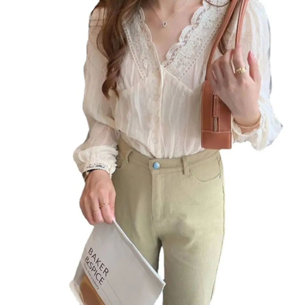 

Elegant V-neck Lace Shirt for Women Chic Sweet Small Shirt Gentle All-match Chiffon Spring