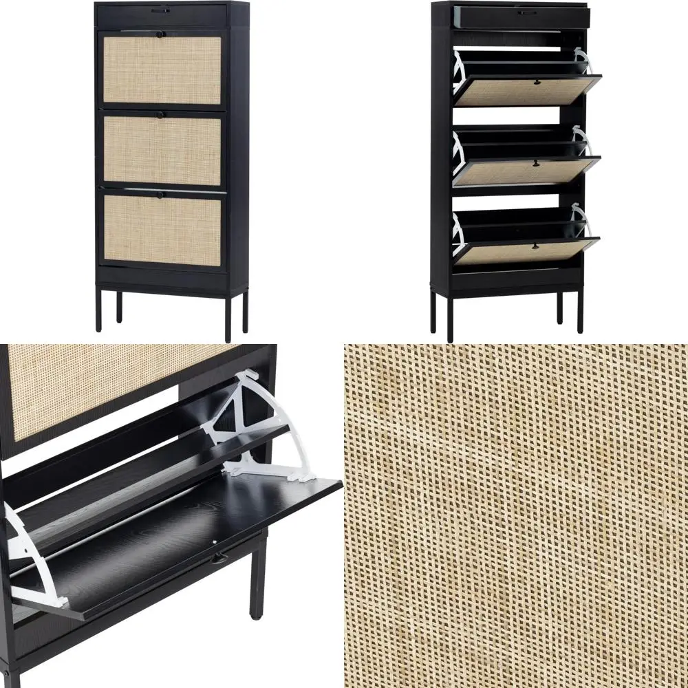 Natural Rectangular Rattan Shoe Storage Cabinet with 3 Flip Drawers, Handmade, Freestanding Organizer for Shoes