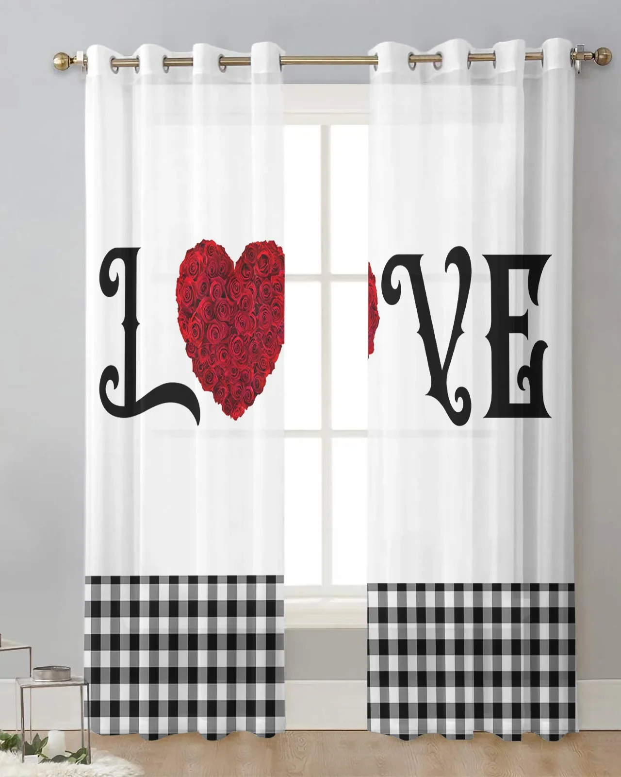 Valentine'S Day Rose Heart Plaid Sheer Tulle Curtain Children Bedroom Curtains Living Room Window Treatment Voile Drape