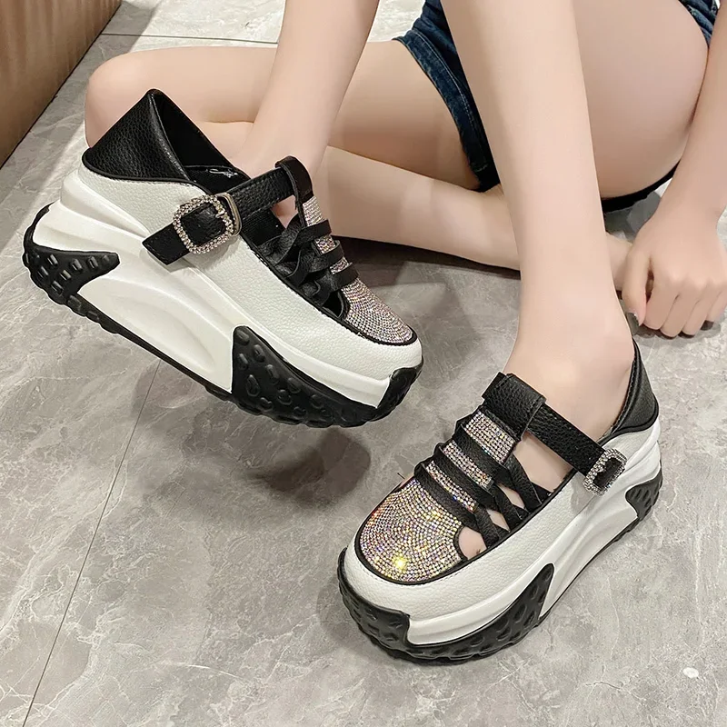 7cm Suede Genuine Leather Platform Wedge Comfy Fashion Bling Breathable Women Chunky Sneakers Summer Hollow Leisure Shoes