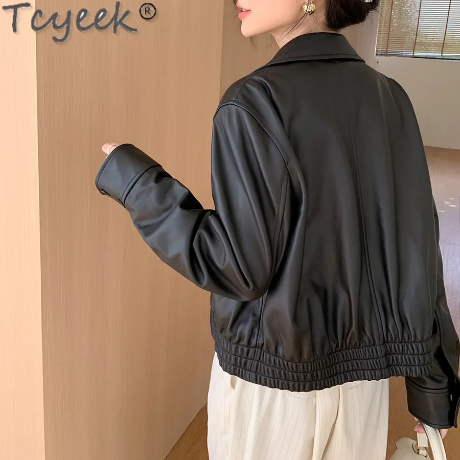 Tcyeek จริงหนังแจ็คเก็ตผู้หญิง 2024 แฟชั่น Sheepskin Coat ผู้หญิงสีดําแจ็คเก็ตหนังฤดูใบไม้ผลิฤดูใบไม้ร่วงเสื้อผ้า Jaqueta Couro