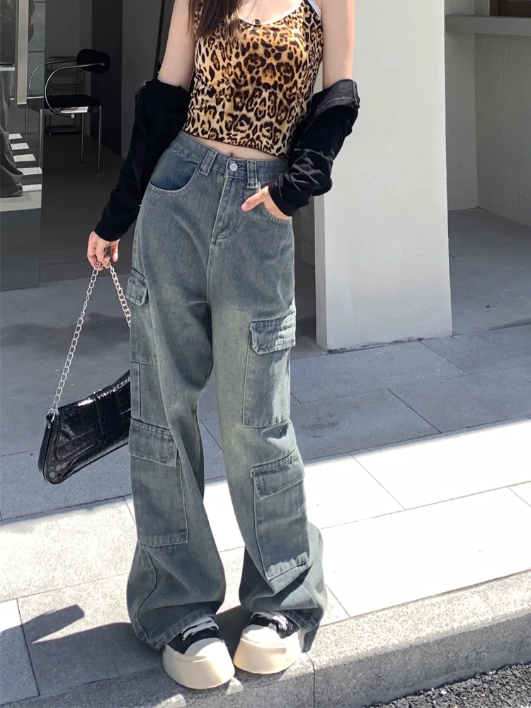 

Benuynffy Multi-pocket Washed Cargo Jeans Women American Street Retro Wide Leg Pants High Waist Loose Y2k Denim Long Trousers