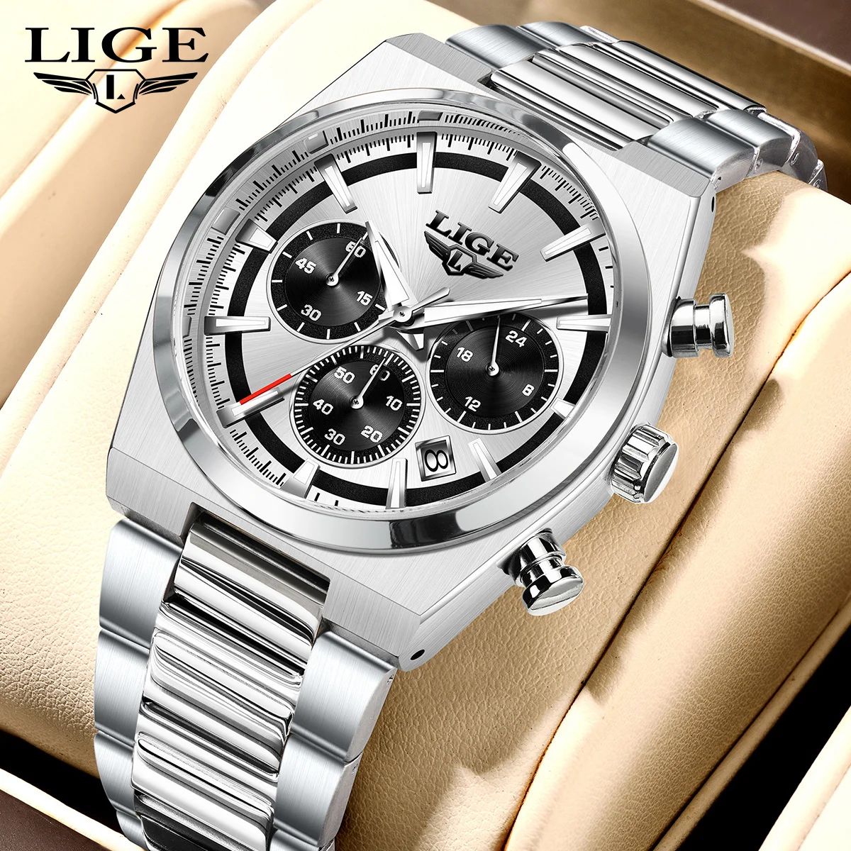 

LIGE модные деловые мужские часы светящиеся кварцевые наручные часы водостойкий хронограф из нержавеющей стали часы с автоматической датой для мужчин