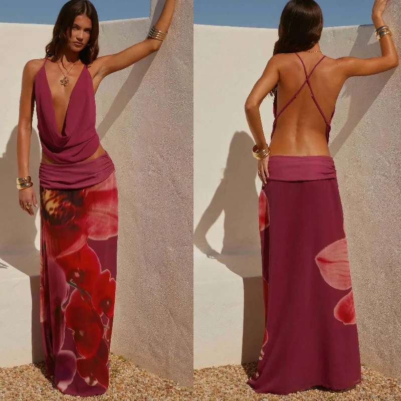 

Женская сексуальная шифоновая юбка, комплект из двух предметов, элегантный укороченный топ с открытой спиной и цветочным принтом, макси-юбка, комплект, наряды для пляжного фестиваля и вечеринки