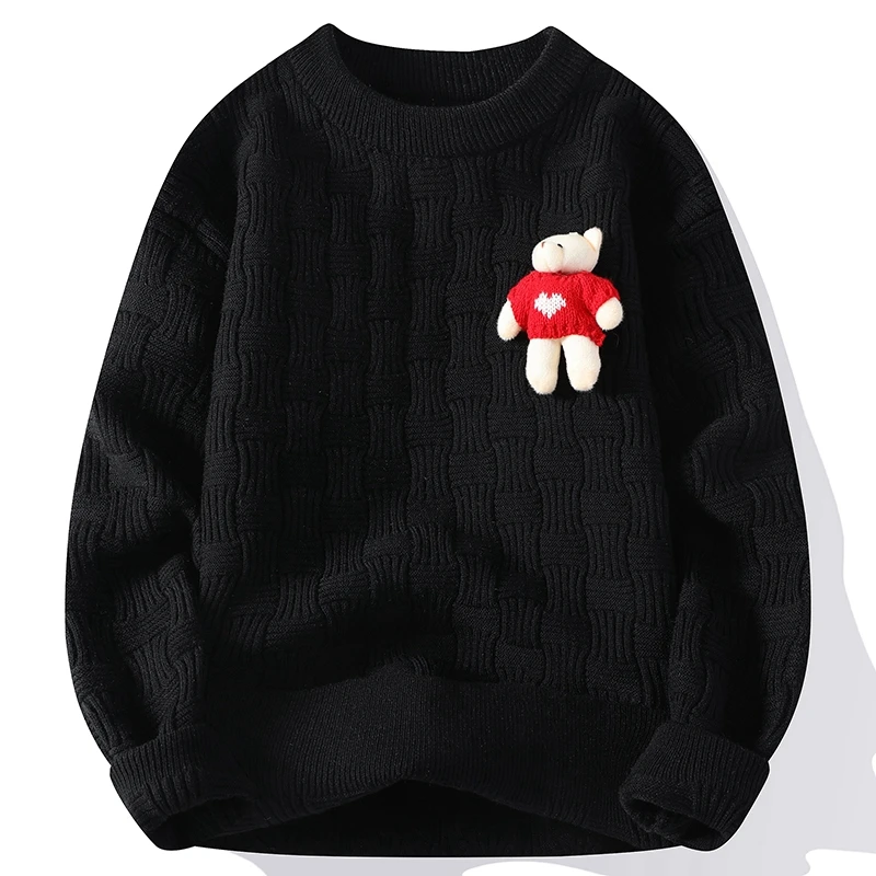 

Утепленный вязаный свитер в полоску для мужчин с подвеской-медведем, молодежный, осенне-зимний, новый, с мультяшным принтом, в стиле кэжуал