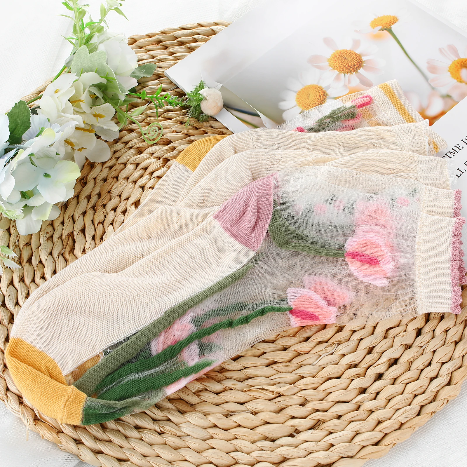 3pcs Silk Lace Stockings set Floral Tulip Crystal Breathable Vintage Socks for women Spring Summer Soft Elastic Thin Socks Gifts