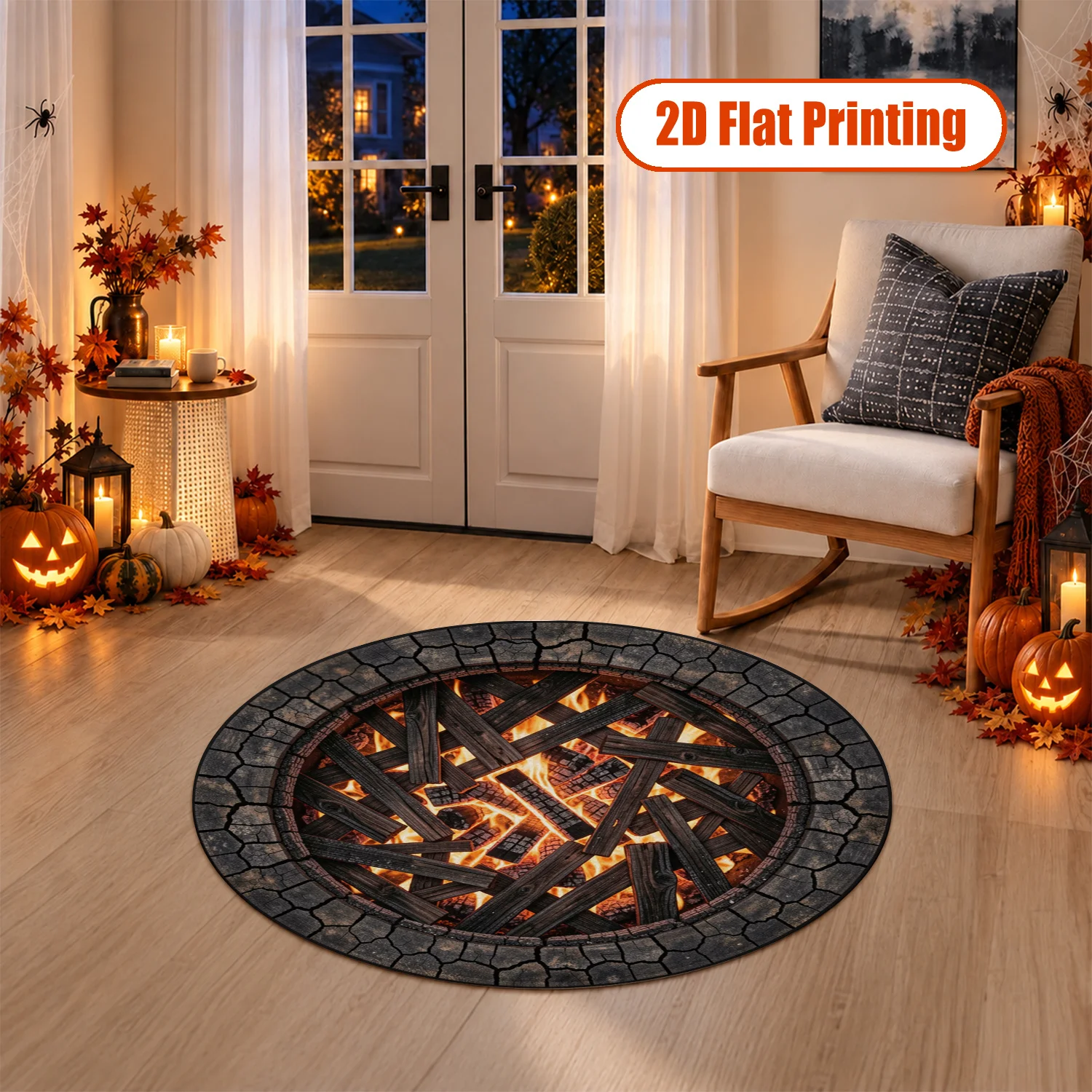 Circular Burning Wood Fire Pit Pattern Round Area Rug Velvet Machine Washable Living Room Patio Balcony Halloween Thanksgiving Black Friday Christmas New Year