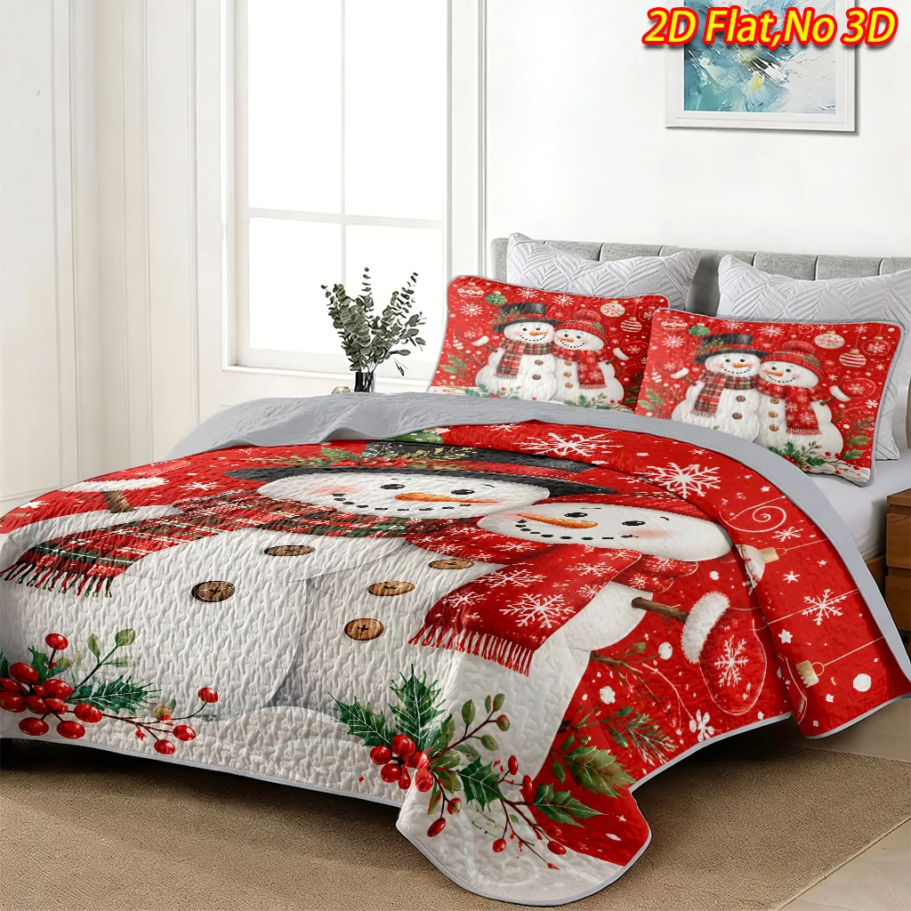 2/3pcs 2D Flat Christmas Bedspread Set Double Snowman Red Scarf Christmas Decoration Bedding Decor, (1pc Bedspread And 1/2pcs Pi