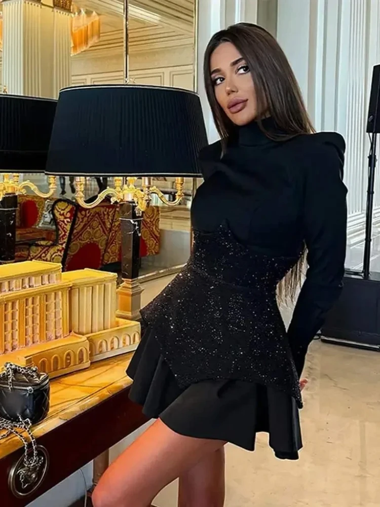 Sexy Long Sleeves Waist Sparkle Diamonds A-line Dress Women Black Patchwork Luxury Crystal Mini Dresses Celebrity Party Evening