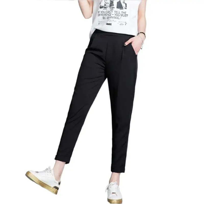 Office Lady Chiffon Solid Black Ankle-Length Pants High Elastic Waist Cuffs Pencil Pants  Female Trousers -