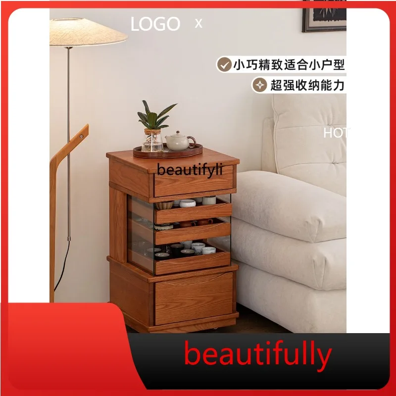 

X Solid wood tea set storage cabinet living room movable side cabinet tea, solid wood small cabinet edge few