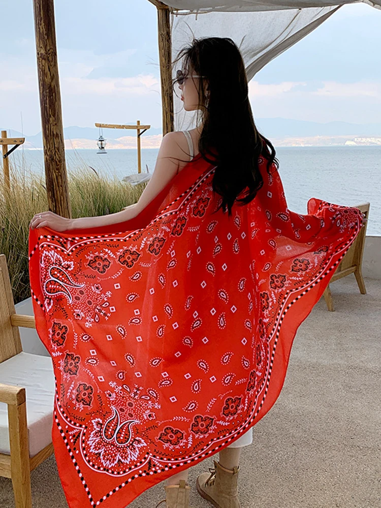 Summer Elegant Women Silk Scarf Beach Long Wrap Shawl Vintage Red Print Lady Sunscreen Bandana Hijab Mujer Bohemian Scarve Pareo