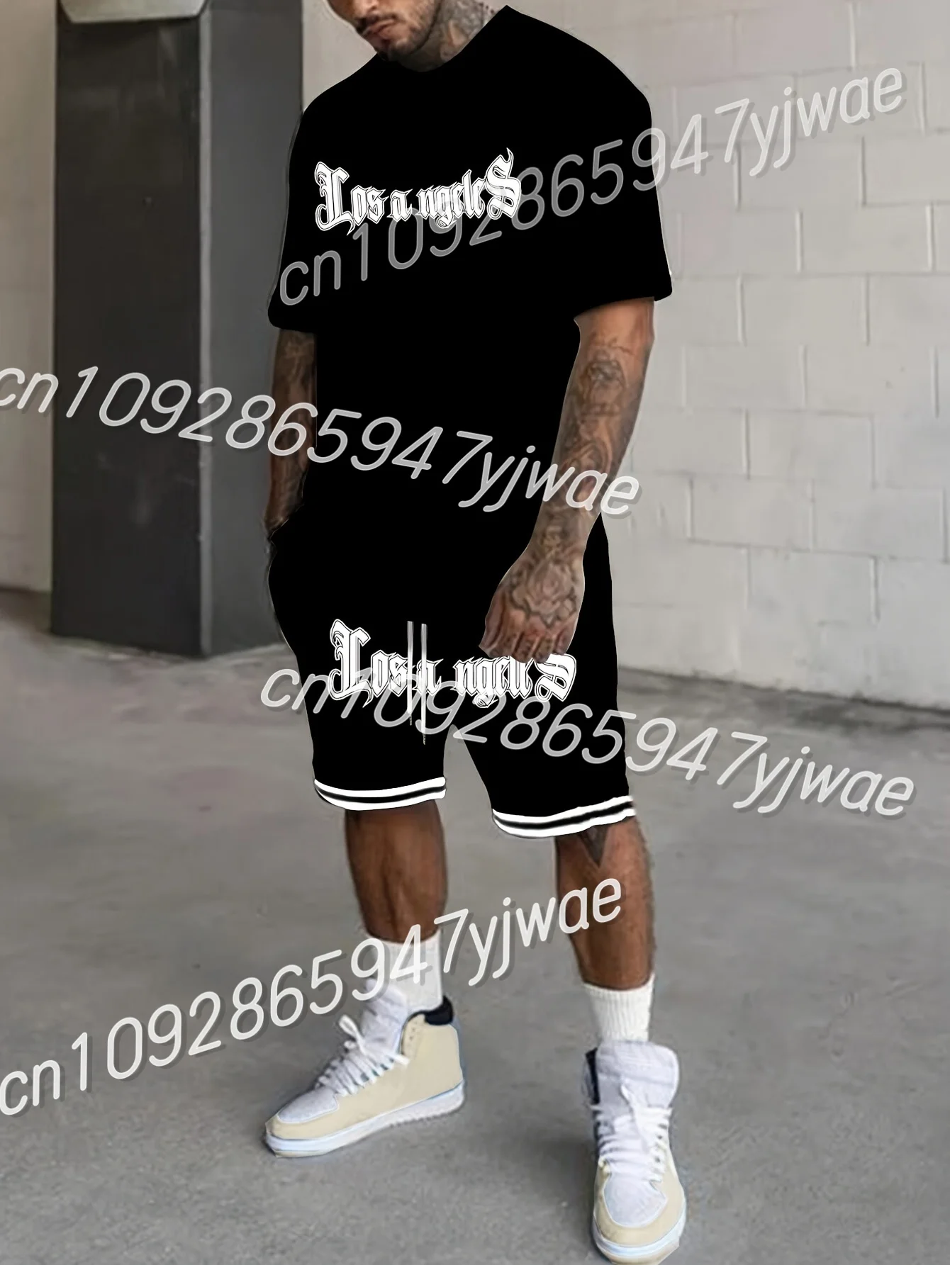 

Men's Los Angeles Print Short Sleeve T-Shirt & Shorts Set Round Neck Gradient Short Sleeved Women's T-shirt Shorts Set