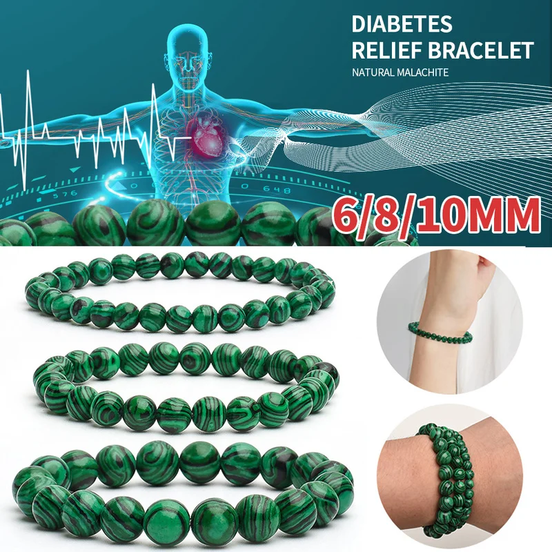 6/8/10MM Malachite Bracelets for Women Men Natural Stone Beaded Bracelet Round Shape Diabetes Relief Bracelet Lucky Jewelry Gift