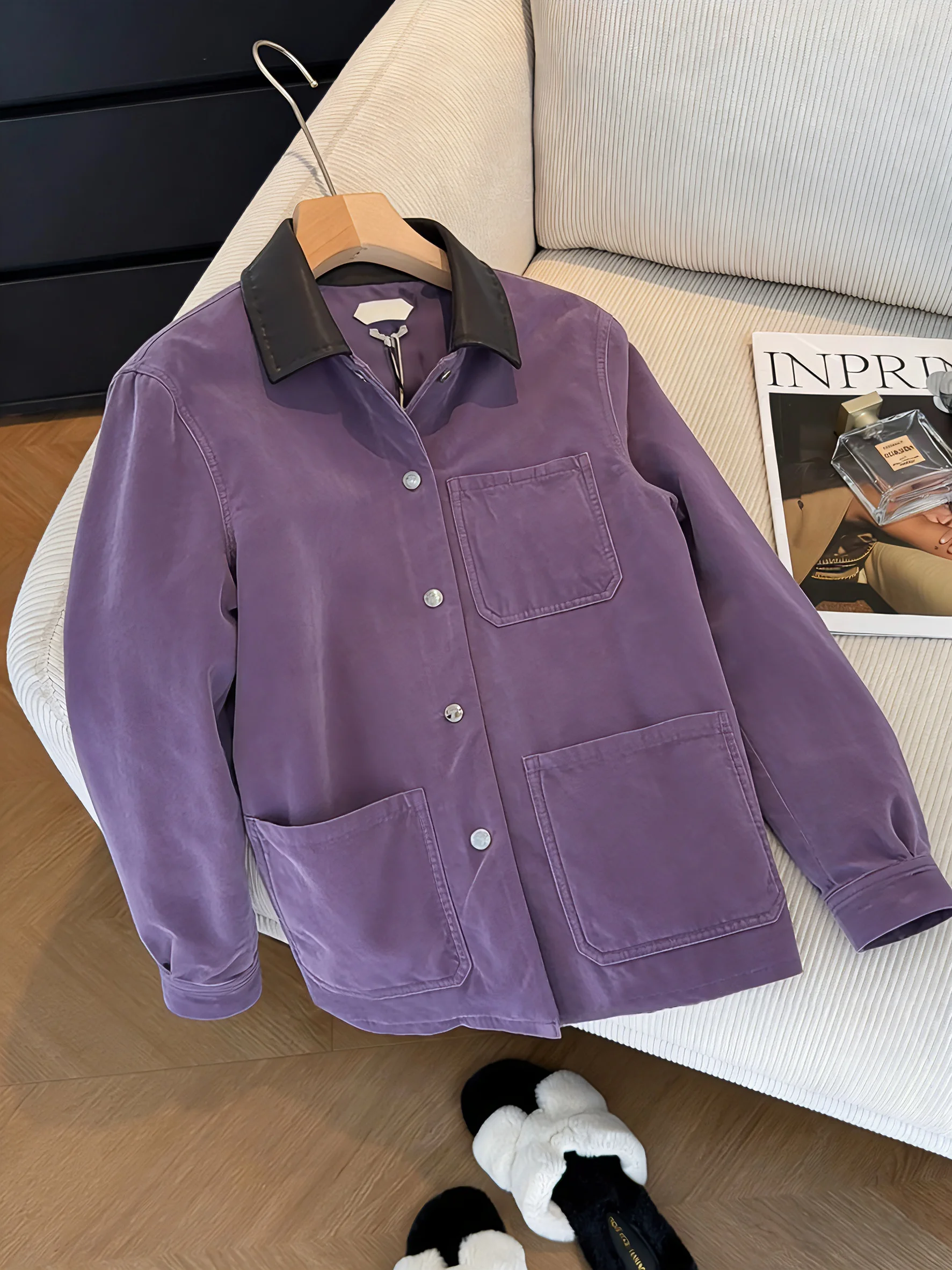 

American Design Sense Color Blo Collar Multi-ket Workwear Jaet Loose Fit Slimming Spring Autumn Casual Sle Top