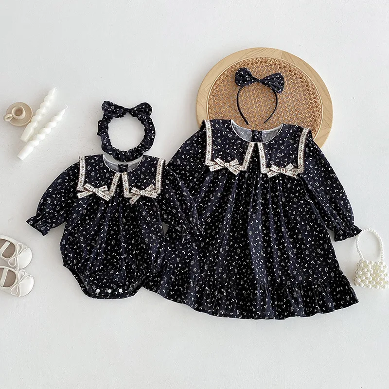 

Toddler Kids Girls Rompers 2025 Ins Autumn Infant Baby Girls Bow Jumpsuits Round Neck Long Sleeve Floral Print Little Girl Dress