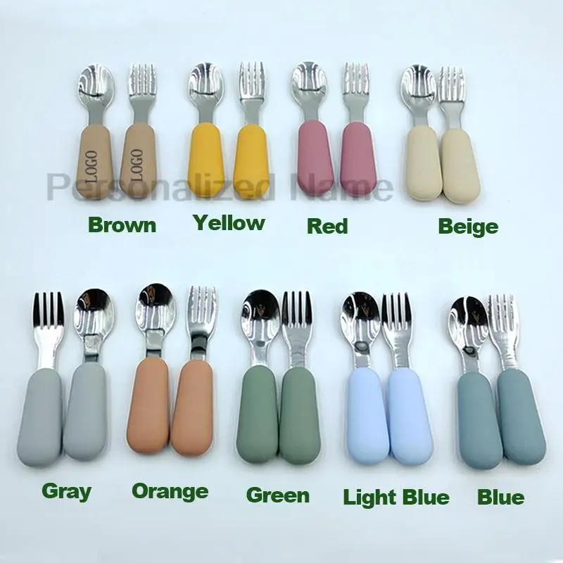 Custom Logo 2PC/Set Baby Silicone Tableware Children Stainless Steel Dinnerware Toddler Cutlery Infant Food Feeding Spoon Fork