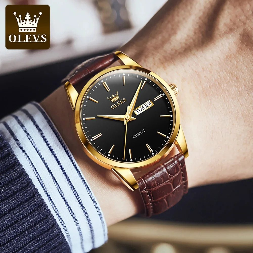 OLEVS 6898 Business High Quality Men Wristwatches, Waterproof Quartz Genuine Leather Strap Watches For Men Calendar Week Display