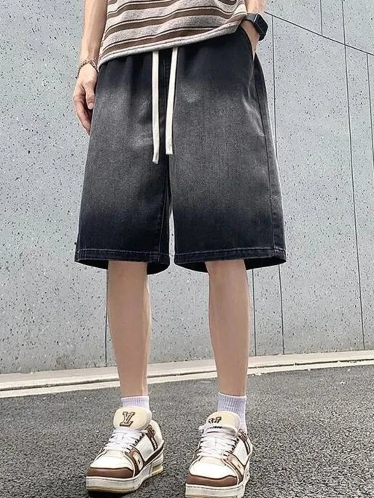 Men's Denim Shorts Black Gray Gradient Loose Straight Leg Knee Length Jeans Elastic Waist Tie Belt Trousers KVUL