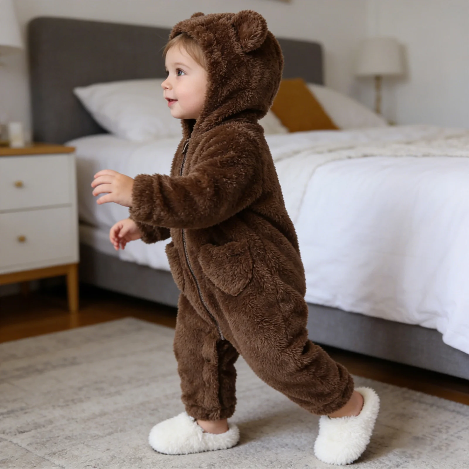 Baby Boys Girls Winter Coral Fleece Bear Hooded Romper Warm Long Sleeve Zipper Jumpsuit Pockets Snowsuit Newborn Kids Clothes