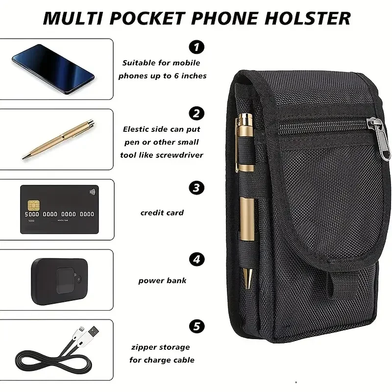 Nylon Mobile Phone Holsters Large Smartphone Pouch Men’s Multi-Purpose Storage Waist Bum Bag Belt Loop Pouch For Hiking Camping