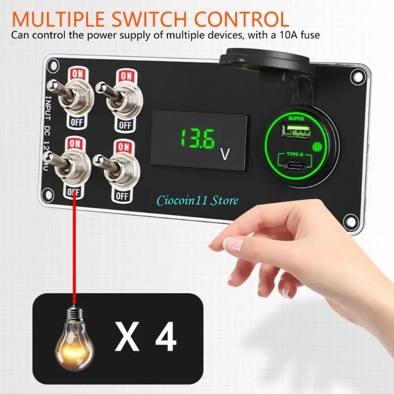 

Y1UB Waterproof 4 Toggle Switches Mobile Charging Panel For Automotive Marine Applications