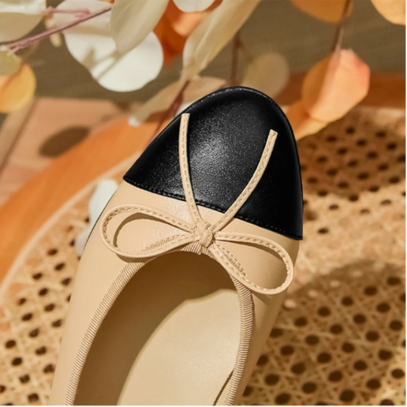 2024 trendy summer flat leather sheepskin shoeing women\'s round head light mouth color one foot on leisure bow ballet shoeing