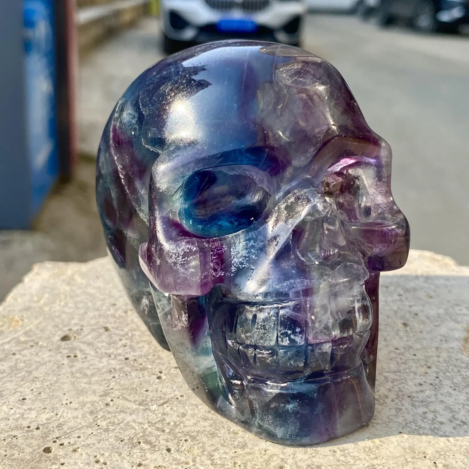 

Natural Fluorite Quartz Skull Hand Carved Crystal Healing Skull