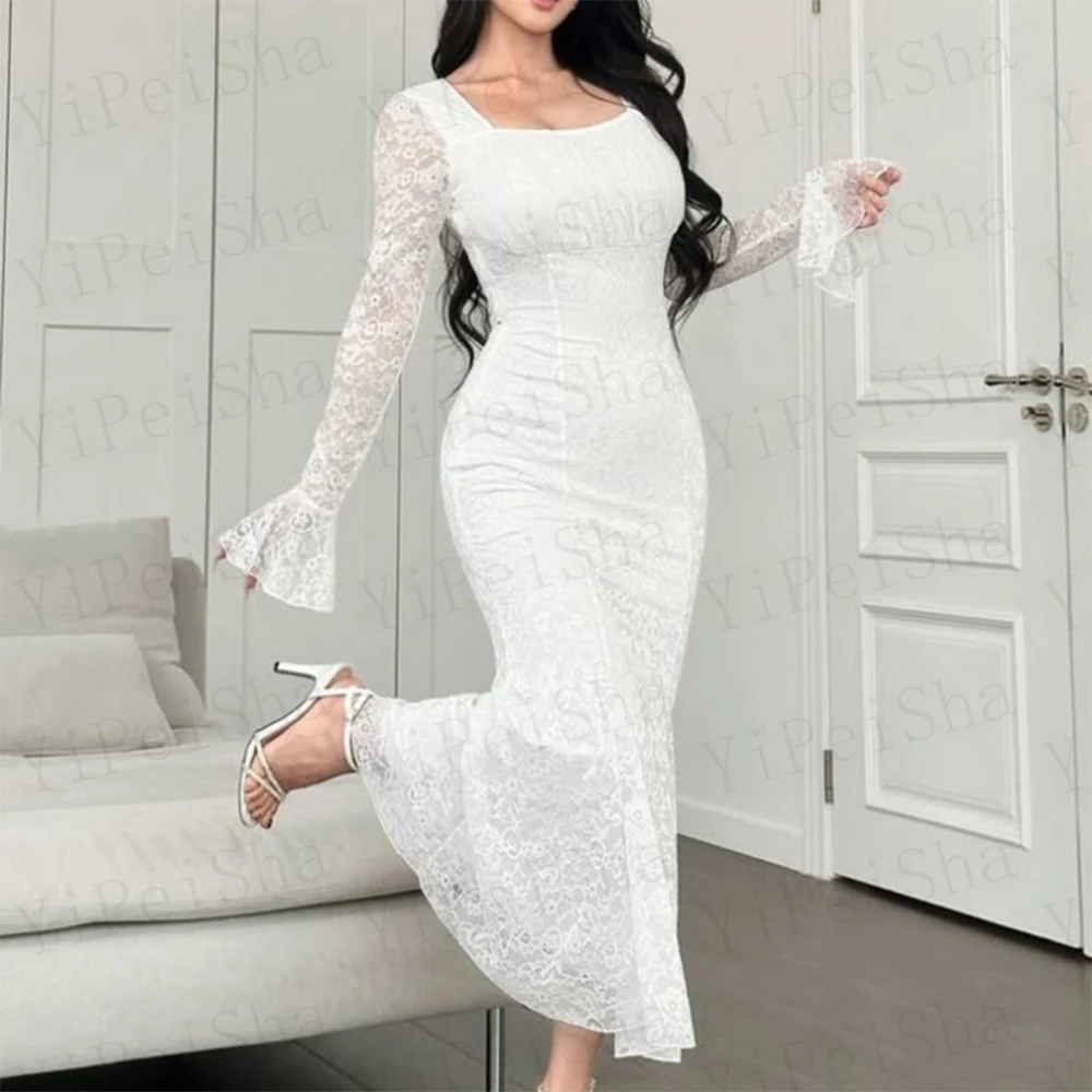 تخصيص ضيق المناسب ألف خط فساتين لحضور الحفلات الموسيقية الشاي طول ساحة طوق كم كامل ثوب مسائي أزياء من الدانتل الكشكشة حزب ثوب #3