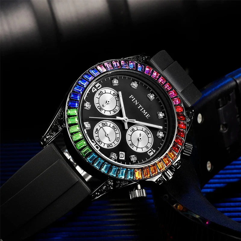 Men\'s Watches Classic Black Silicone Band Chronograph Fashion Quartz Wristwatch Waterproof 30M Colorful Iced Diamonds Case Clock