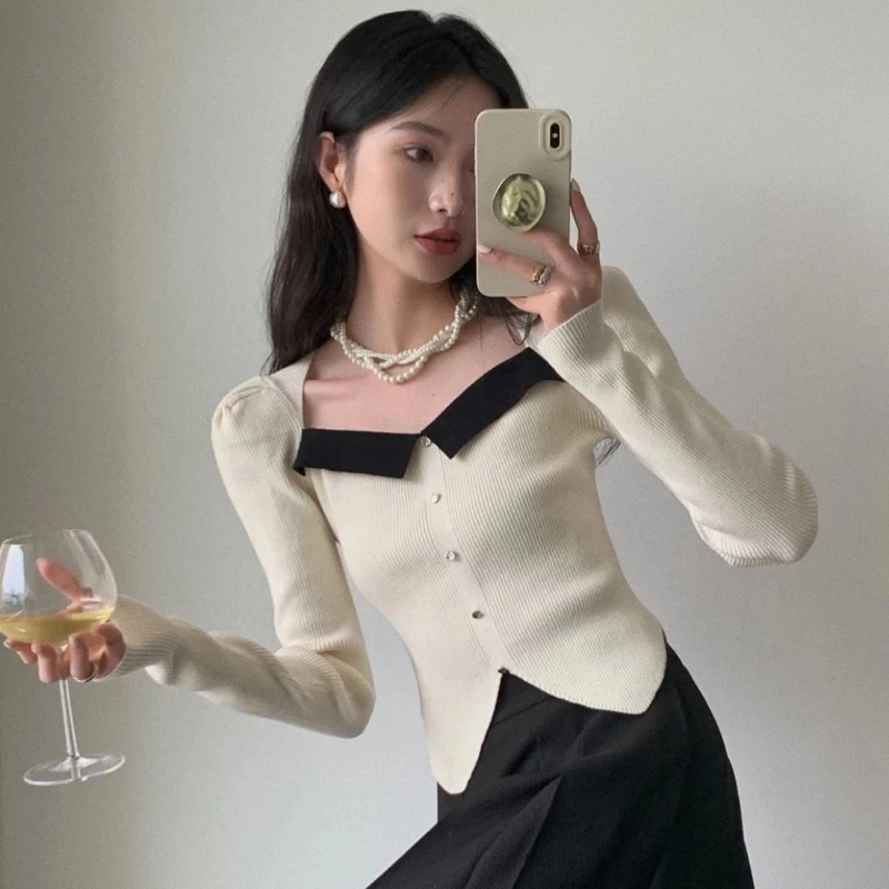 Square Collar Pullovers Women Slim Long Sleeve Cropped Knitted Clothes Elegant Mature Ladies Simple Autumn Fashion Temperament