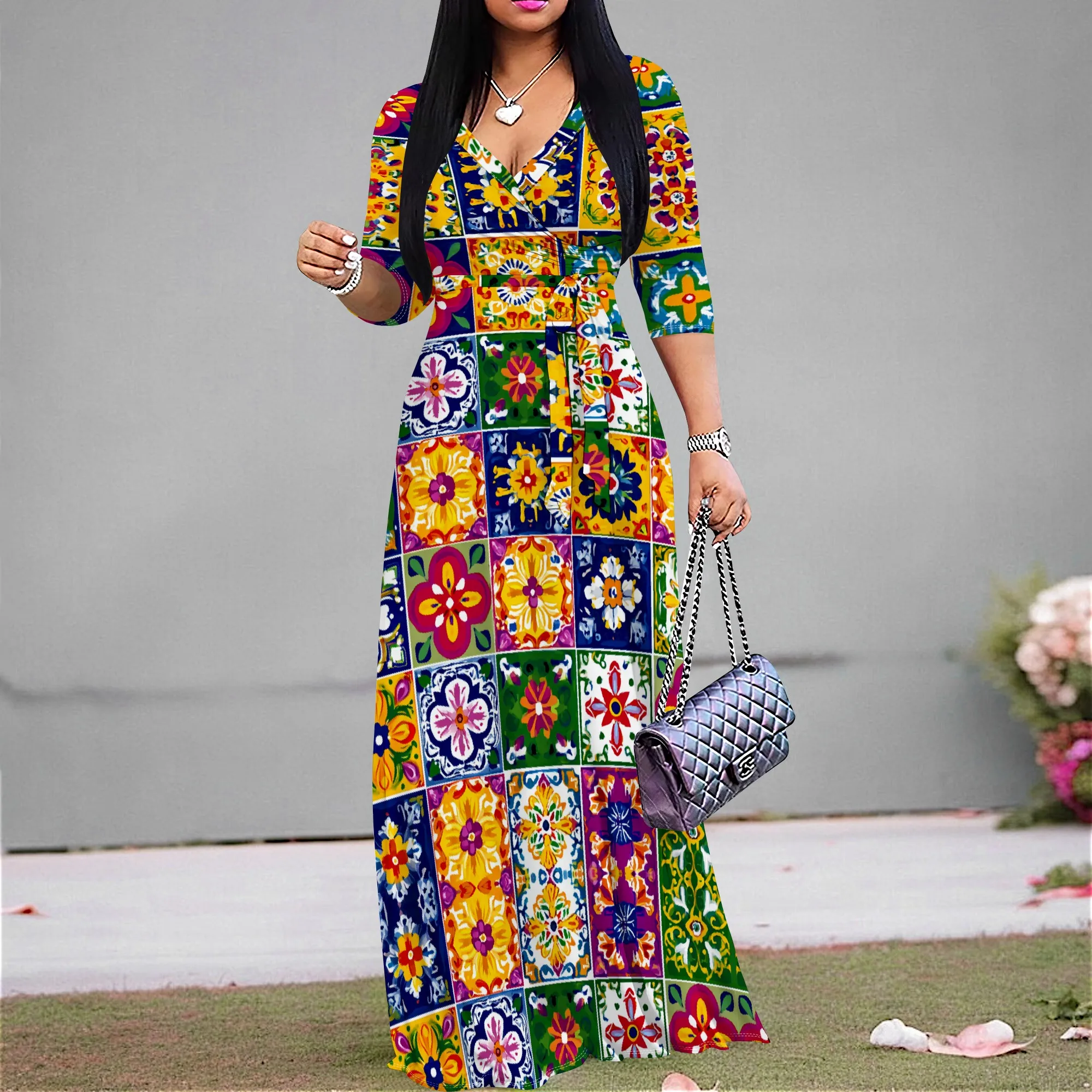 

Elegant Women's Wrap Dress with Abstract Print – Perfect for Spring & Summer, Available in Sizes S-3XL