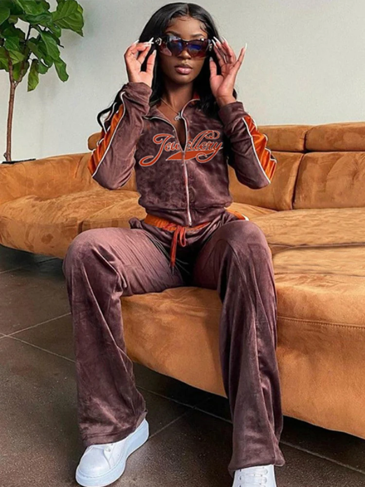 Letter Print Velvet Tracksuit Set Women Fashion Streetwear Outfits Female Zipper Sport Clothes Straight Tracksuit Casual Moda