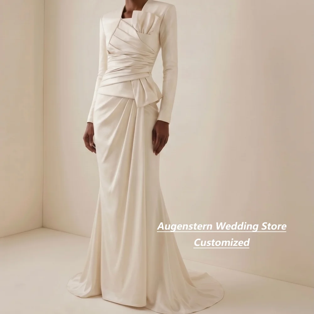 Customized Ivory Long Sleeve Satin  Mother Of The Bride Gown Mermaid Dress Pleated Wrap Bodice Formal Wedding Evening Gown