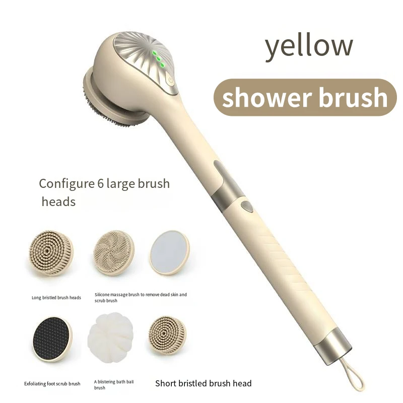 Escova Elétrica Silicone Back Scrubber, Massageador Rotativo do Chuveiro, USB Recarregável, 6 Cabeças de Escova, 2 Velocidades, Banho, 6 em 1