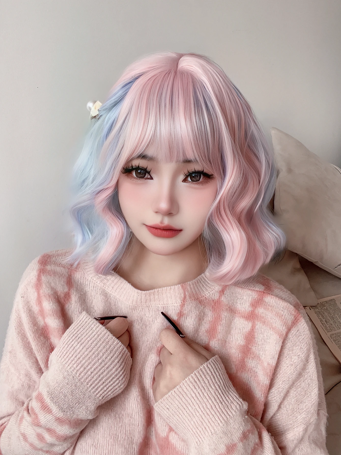 Perucas sintéticas com Franja para mulheres, cor Lolita azul e rosa, cabelo curto ondulado natural, cosplay, resistente ao calor, 12 pol