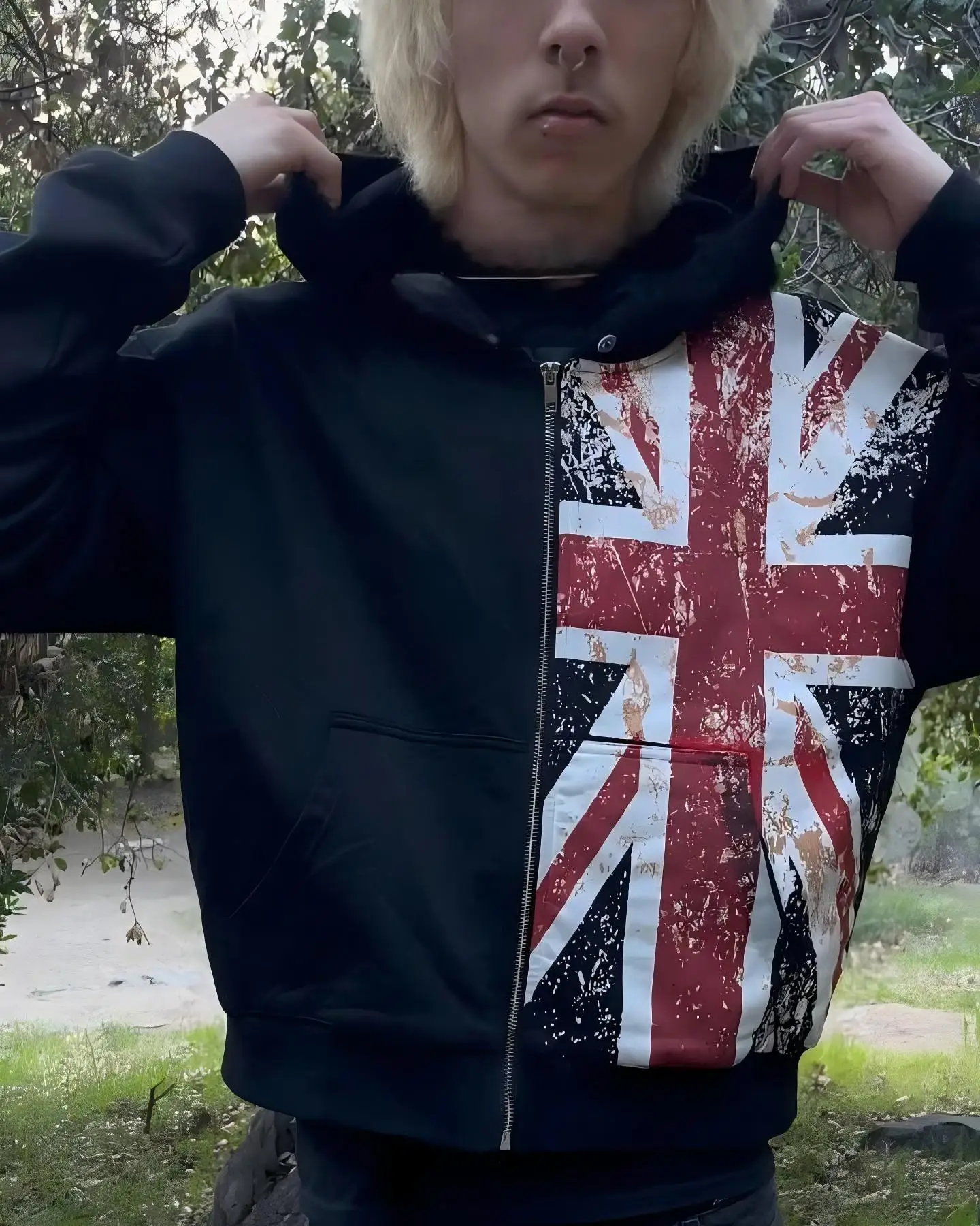 UK Banner Print Black Loose Hoodies Y2k Oversized Retro Zip Up Hoodie Fashion Streetwear Sweatshirt Hip Hop Men Clothing