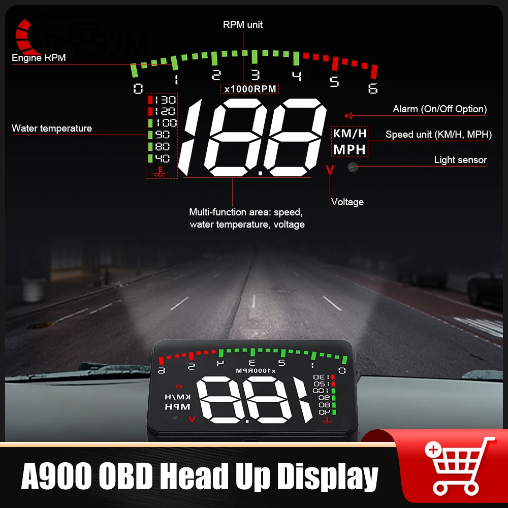 

A900 OBD Car Head Up Display OBD HUD Windshield Projector Water Temperature Voltage RPM Tachometer Speedometer Fuel Level Gauge