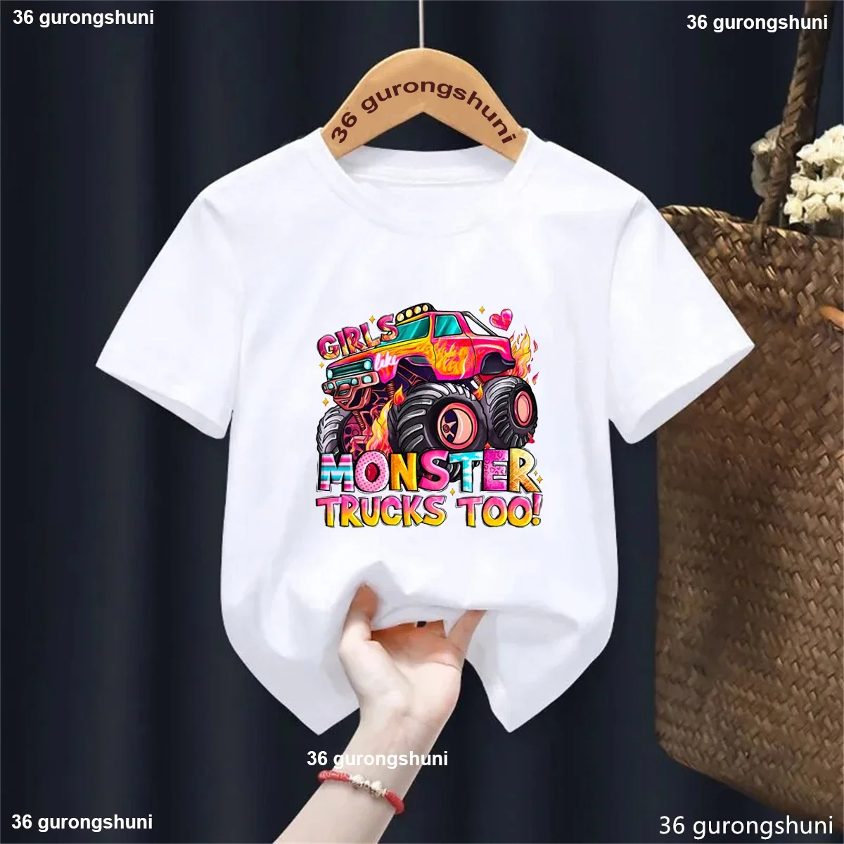 

Cool Monster Trucks Too Graphic Printed Tshirt Girls Funny Kawaii Kids Clothes Harajuku Shirt Children'S Clothing T-Shirt Top