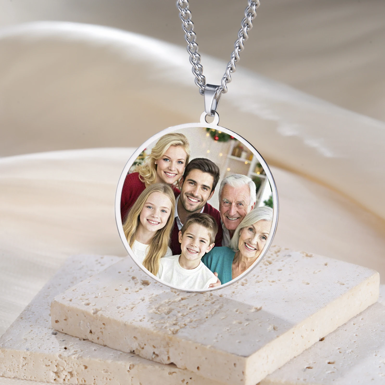 Customized Photo Circular Pendant Necklace Stainless Steel Personalized Picture Text Name Necklace Geometry Couple Jewelry