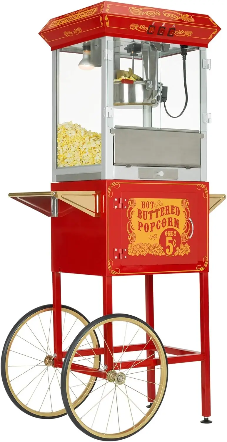 Antique Carnival-Style 8-Ounce Hot-Oil Popcorn Popper with Cart, Red