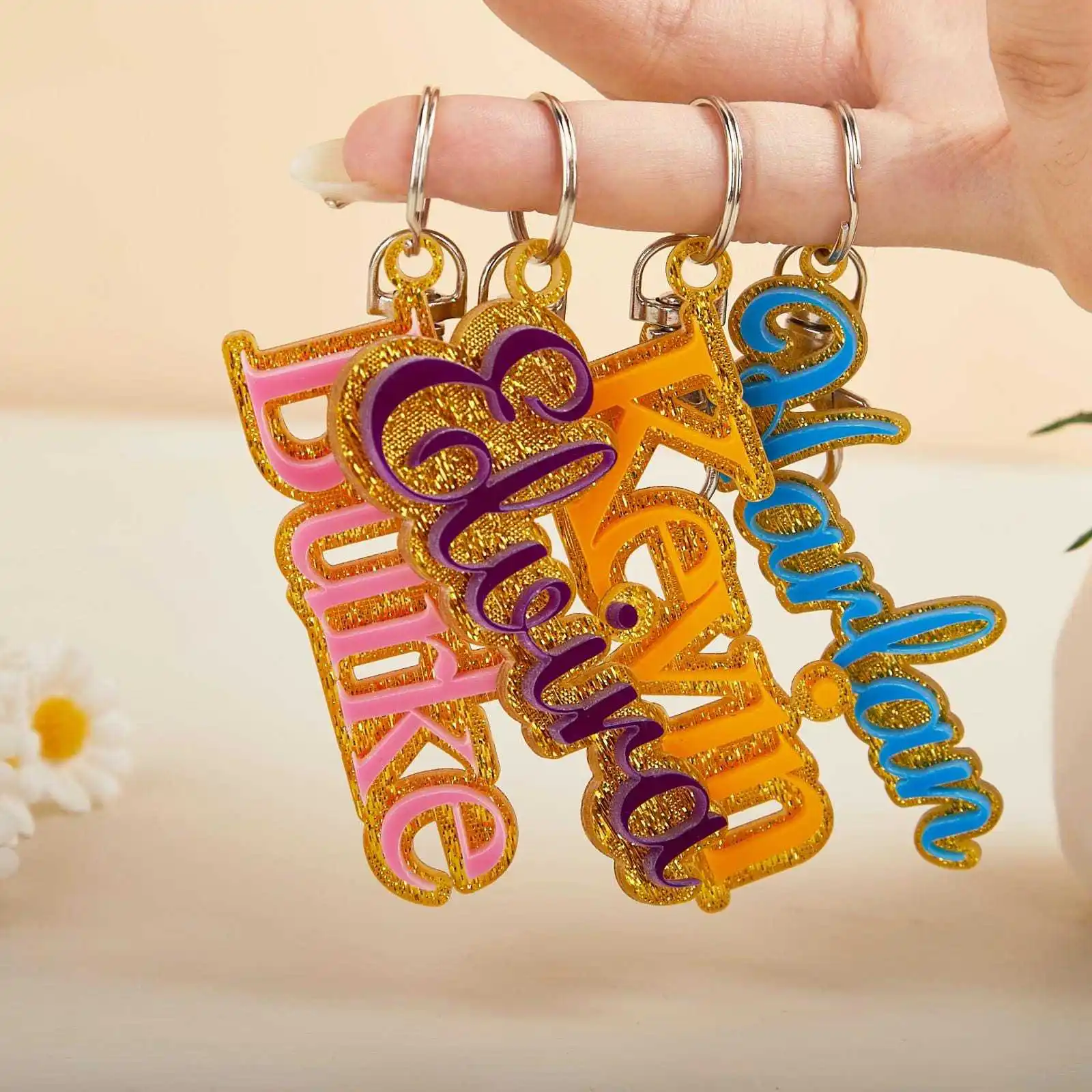 Wholesale Custom Name Keychain Mothers Day Acrylic Fashion Fine Glitter Nameplate personalizados Car Bag Charm Keyring Tag Gift